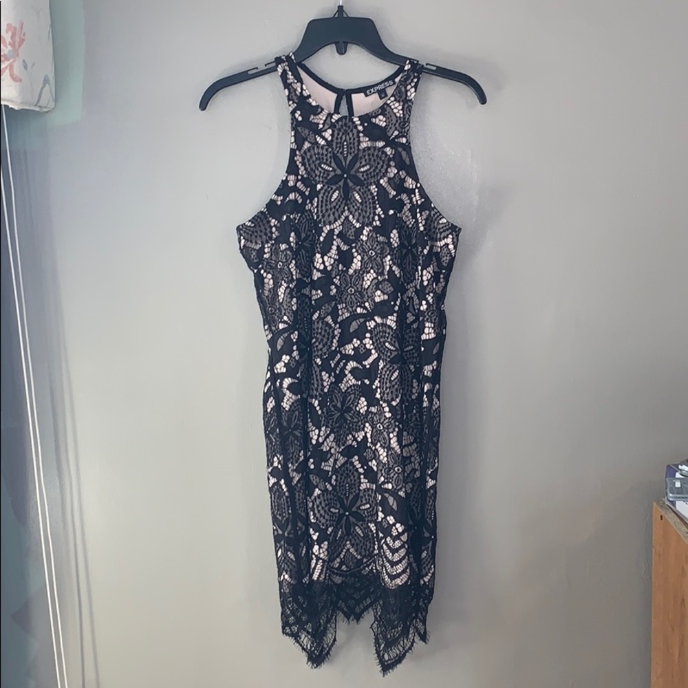 Express black illusion floral lace dress